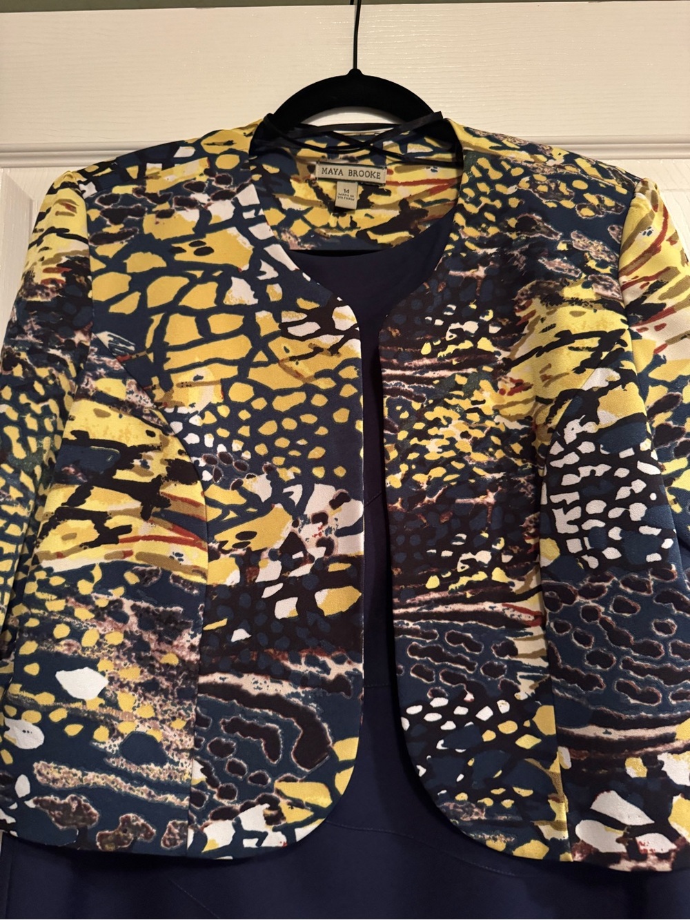 Maya Brooke 2pc Sz 14 Yellow & Navy Printed Jacket with Navy Sheath dress Set - Picture 3 of 13